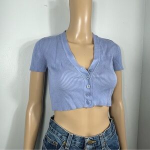 Light Blue Ribbed Button-Up Crop Top